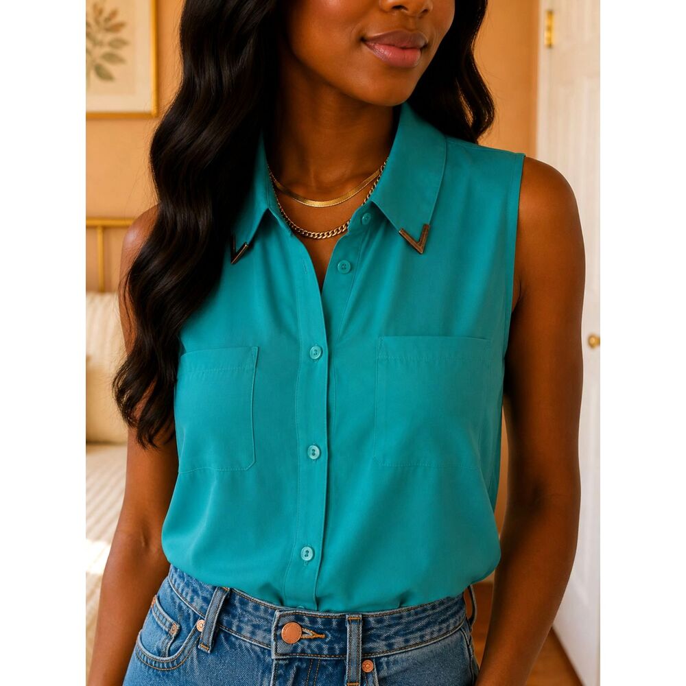 Material Girl Women's M Teal Blouse Striped Lace Up Back Metal Collar Tips